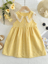 Young Girls Sweet And Cute Style Grid Print Woven Fabric Lace Trim Collar Tank Dress For Summer